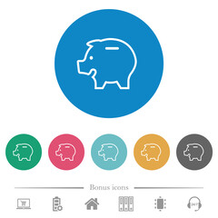 Left facing piggy bank outline flat round icons