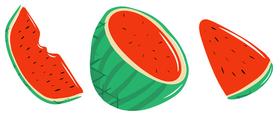 Fototapeta premium Set of watermelon elements, whole watermelon, half, quarter, watermelon slice, cute illustration, watermelon icon collection, cartoon style, modern and simple style, juicy summer shades, vector set