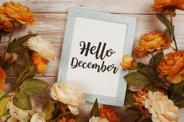 Hello December typography text with flower decoation on wooden background - Powered by Adobe