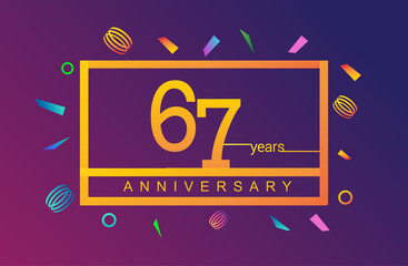 67th years anniversary celebration white square style isolated with colorful confetti background, design for anniversary celebration.