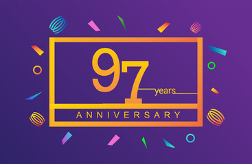 97th years anniversary celebration white square style isolated with colorful confetti background, design for anniversary celebration.