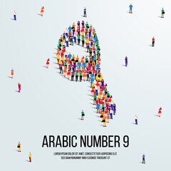 large group of people form to create the number 9 or Nine in Arabic. People font or Number. Vector illustration of Arabic number 9.