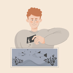 Vector illustration. The boy feeds the indoor fish in the aquarium. Taking care of pets.