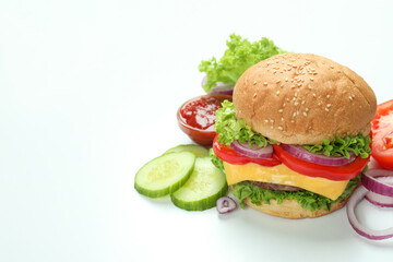 Concept of tasty food with delicious burger