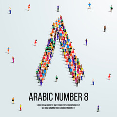 large group of people form to create the number 8 or Eight in Arabic. People font or Number. Vector illustration of Arabic number 8.