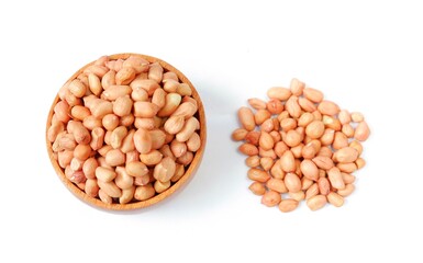 Peanuts with wooden bowl isolated on white background,Top view