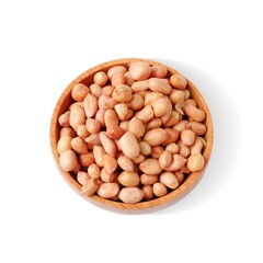 Peanuts with wooden bowl isolated on white background,Top view