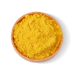 Turmeric powder with wooden bowl isolated on white background,Top view