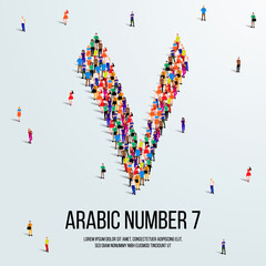 large group of people form to create the number 7 or Seven in Arabic. People font or Number. Vector illustration of Arabic number 7.