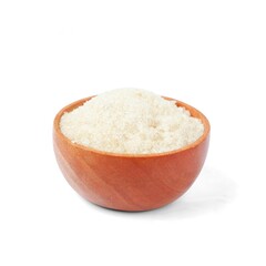 Sugar with a wooden bowl isolated on a white background