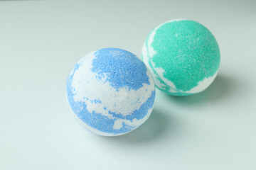 Colorful bath balls on white background, close up