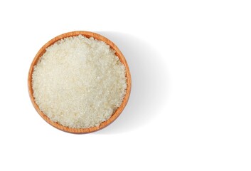 Sugar with wooden bowl isolated on white background,Top view