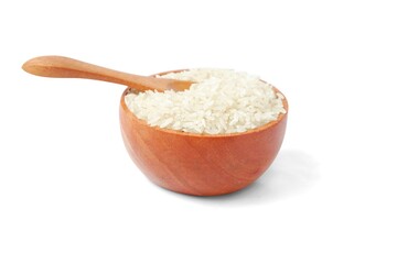 Rice with wooden bowl and wooden spoon isolated on white background