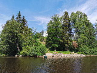 View from the shore of the Vyborg Bay to the island of Ludwigstein with the Ludwigsburg Chapel in...