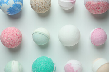 Bath balls on white background, top view