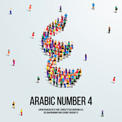 large group of people form to create the number 4 or Four in Arabic. People font or Number. Vector illustration of Arabic number 4.