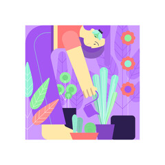 The girl looks after flowers while isolated. The concept of dedicating time to yourself during a pandemic. Growing a garden in the apartment. Colored flat vector illustration.