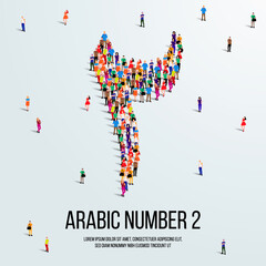 large group of people form to create the number 2 or Two in Arabic. People font or Number. Vector illustration of Arabic number 2.