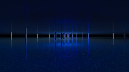 3D illustration of immersed blue columns is a reflective space, an ocean-like floor and a blue textured ceiling marking an infinite black in the background, all illuminated in the central part