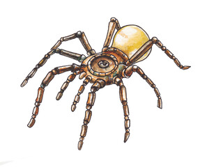 Watercolor illustration steampunk metal robot spider with a light bulb on a white background