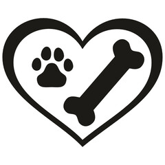 Dog paw print, dog paw and bone in the heart, dog paw prints, cat paw print, cat paw prints, paw print silhouette, symbol of love for a dog or cat