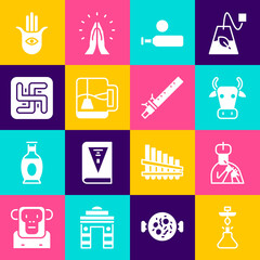 Set Hookah, Indian man plays flute, Cow, Wood cricket bat and ball, Cup of tea with tea bag, Hindu swastika, Hamsa hand and Bamboo indian icon. Vector