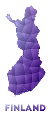 Map of Finland. Low poly illustration of the country. Purple geometric design. Polygonal vector illustration.
