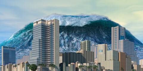 Tsunami wave apocalyptic water view urban flood Storm. 3D illustration - obrazy, fototapety, plakaty