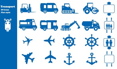 Transports routiers, aériens et maritimes en 20 icônes bleus, collection