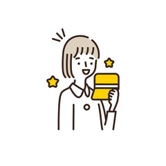 銀行通帳を見て喜ぶ女性のイラスト - Woman who is pleased to check the amount stated in the passbook. 