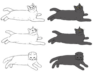 寝そべって獲物を狙う猫_リアル調01-線画