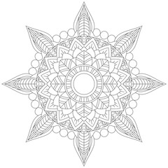 Simple Mandala Circle Coloring Book Pages For Adult Children Indian Antistress Medallion White Background Black Outline Vector illustration