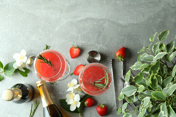 Concept of delicious drink with Rossini cocktail on gray textured table