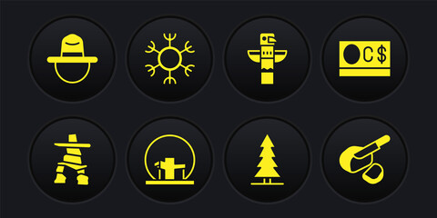 Set Inukshuk, Canadian dollar, Montreal Biosphere, spruce, totem pole, Snowflake, Peameal bacon and ranger hat icon. Vector
