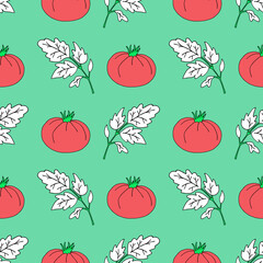 Seamless vector illustration with tomatoes and tomato leaves.