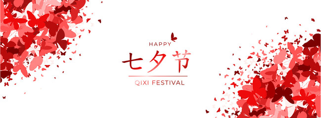 Chinese Valentine's day festive layout. Translation Qixi festival double 7th day. Glitter red butterflies on white. For cover social network, greeting cards, poster, invitation. Vector Illustration.
