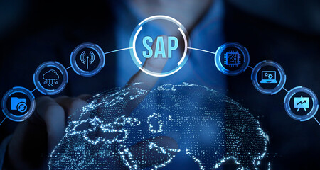 Internet, business, Technology and network concept. SAP System Software Automation concept on virtual screen data center.