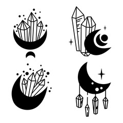 Mystical boho crystal moon isolated cliparts bundle, celestial collection, moon and crystals set, magic line crescent moon and gems bundle, esoteric objects - black and white vector