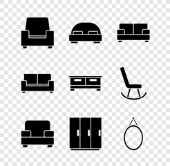 Set Armchair, Big bed, Sofa, Wardrobe, Mirror, and Chest drawers icon. Vector