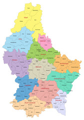 Carte du Luxembourg avec représentation des divisions par cantons et communes - Libellés des divisions administratives en Luxembourgeois - Textes vectorisés et non vectorisés sur calques séparés