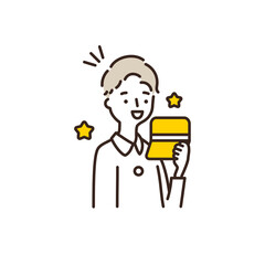 Illustration of a man who is pleased to check the amount stated in the passbook. 