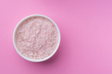 aromatic Lavender Himalayan sea salt. Top view, copy space. Home spa. Aromatherapy