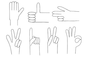 A set of hand gestures. Palm outline with fingers. Sketch vector illustration