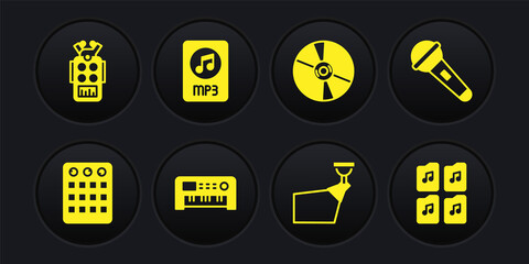 Set Drum machine, Microphone, Music synthesizer, Movie spotlight, CD or DVD disk, MP3 file document, and icon. Vector