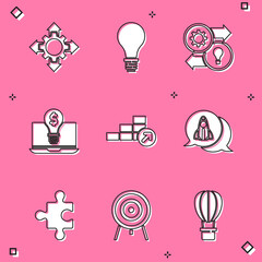 Set Project team base, Light bulb with concept of idea, Human resources, dollar laptop, Financial growth, Startup project, Piece puzzle and Target icon. Vector
