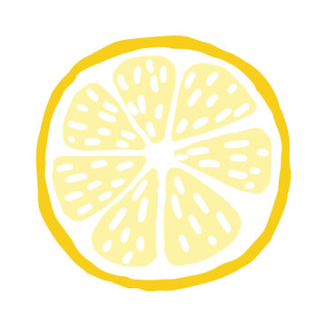 Round lemon slice. Yellow summer citrus cut. Hand drawn cartoon tropical juicy sliced fruit. Stock vector flat illustration isolated on white background.