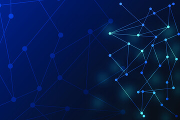 Network and technology background with hexagon particle concept. Abstract data structure and communication on dark blue template with line and dot connection. Blank space for presentation.