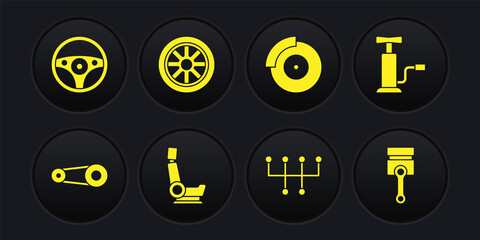 Set Timing belt kit, Car air pump, seat, Gear shifter, brake disk with caliper, wheel, Engine piston and Steering icon. Vector