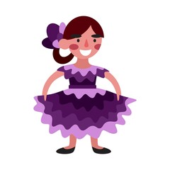 Happy cartoon young dancer girl in a purple dress isolated on white vector illustration. Pretty girl character smiling and dancing flamenco or other Hispanic traditional dance