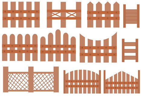 Set of wooden fence.Collection of gate.Element for home decoration gardens and parks.Flat design.Flat design.Cartoon vector illustration for business.Sign, symbol, icon or logo.